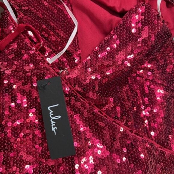 NWT Lulus Below the Stars Wine Red Sequin Asymmetrical Bodycon Dress (size S) - Picture 7 of 10